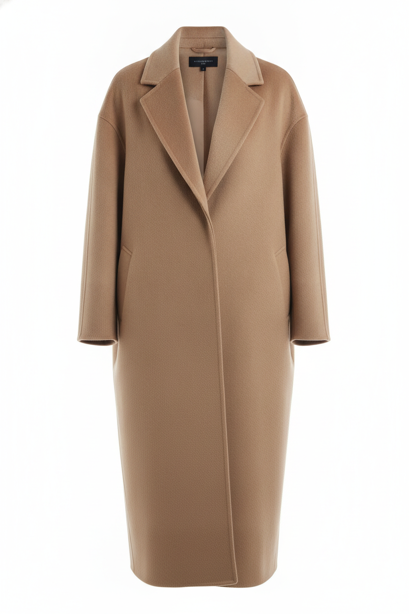 AI-generated beige oversized wool coat fashion concept created via the StyTrix MCP connector in Claude