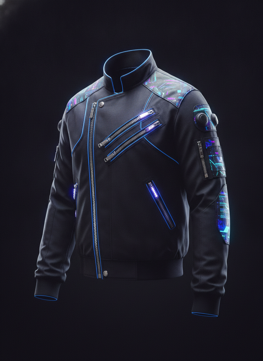AI-generated photorealistic cyberpunk bomber jacket in matte black with glowing neon-blue piping and asymmetric zippers, created via the StyTrix MCP connector in Claude