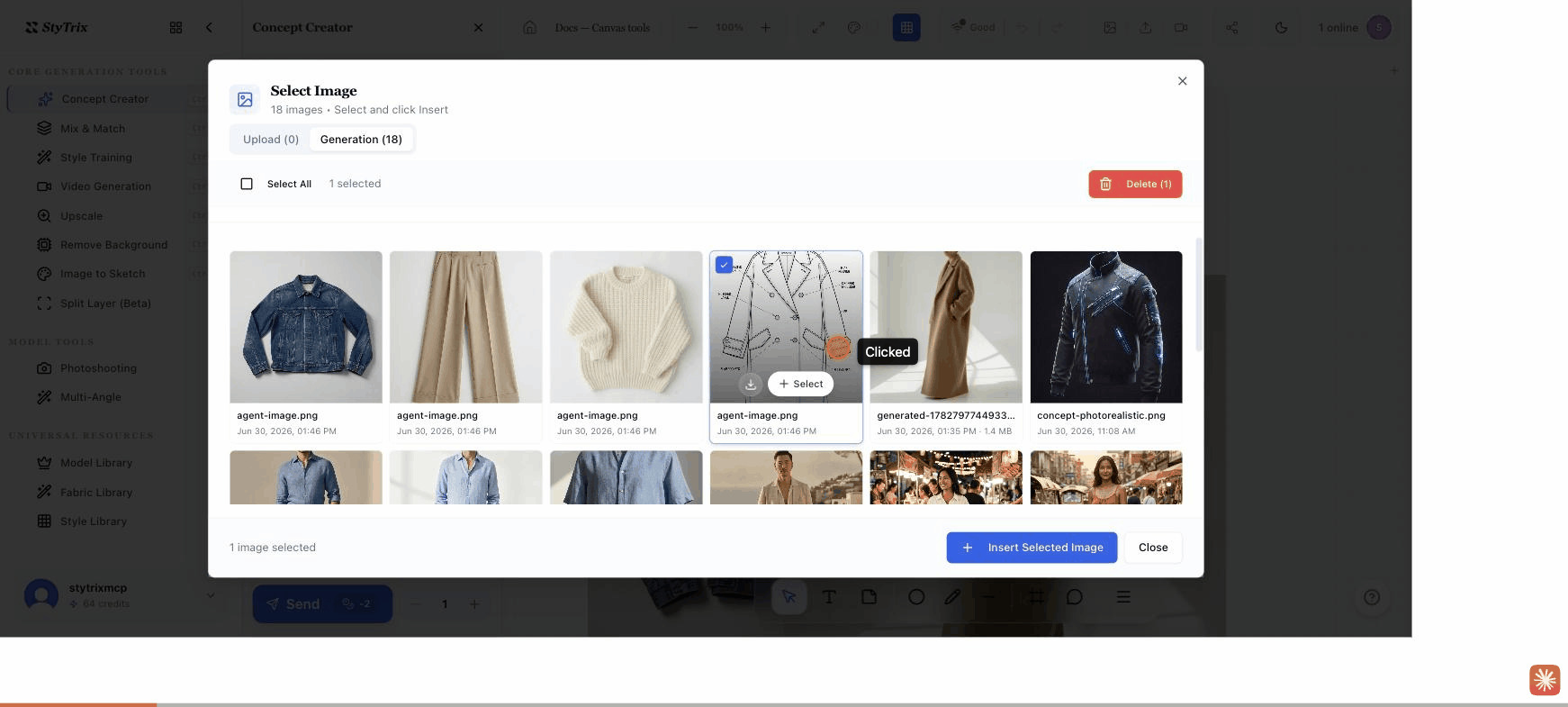 Concept Creator rendering a flat technical sketch into a photorealistic camel overcoat on the StyTrix canvas