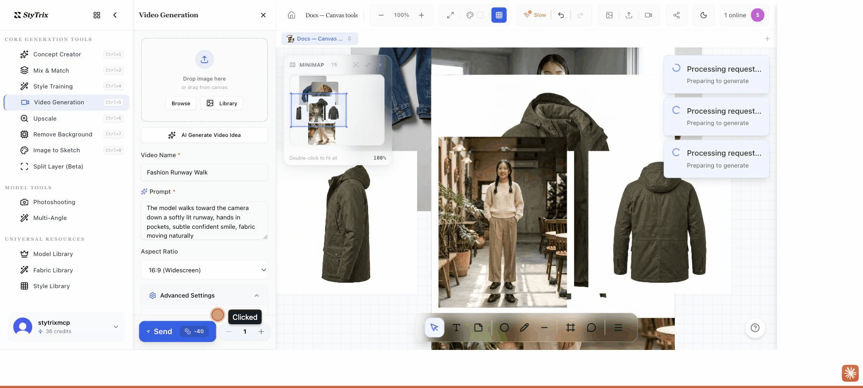 Video Generation panel with a video name, motion prompt, and 16:9 aspect ratio on the StyTrix canvas