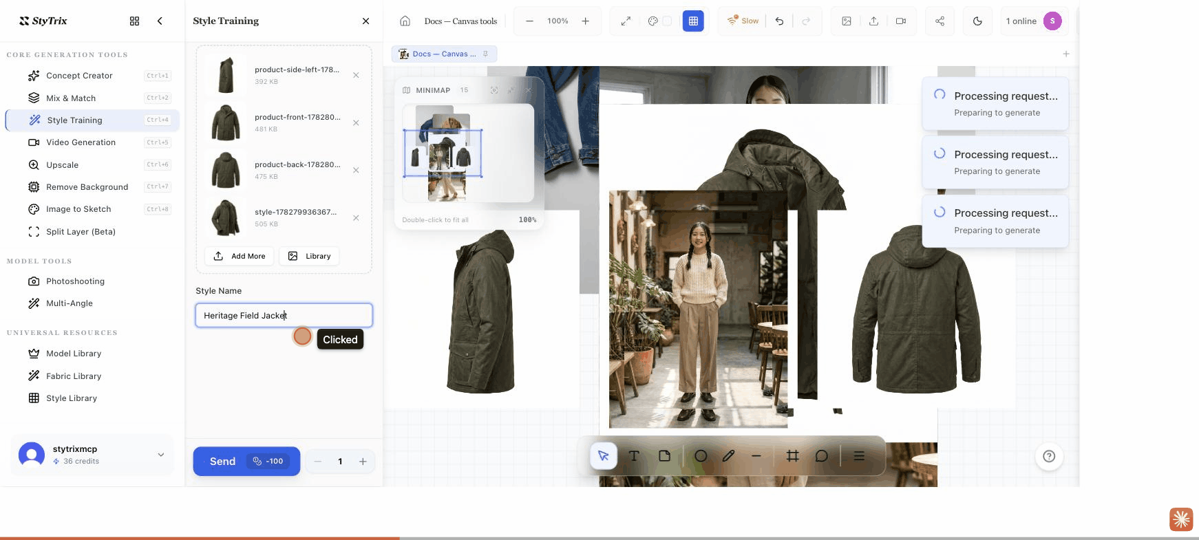 Style Training panel with four olive field-jacket reference images and a style name