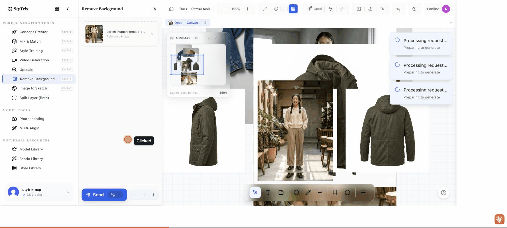 Remove Background panel with a model photo loaded as the reference image