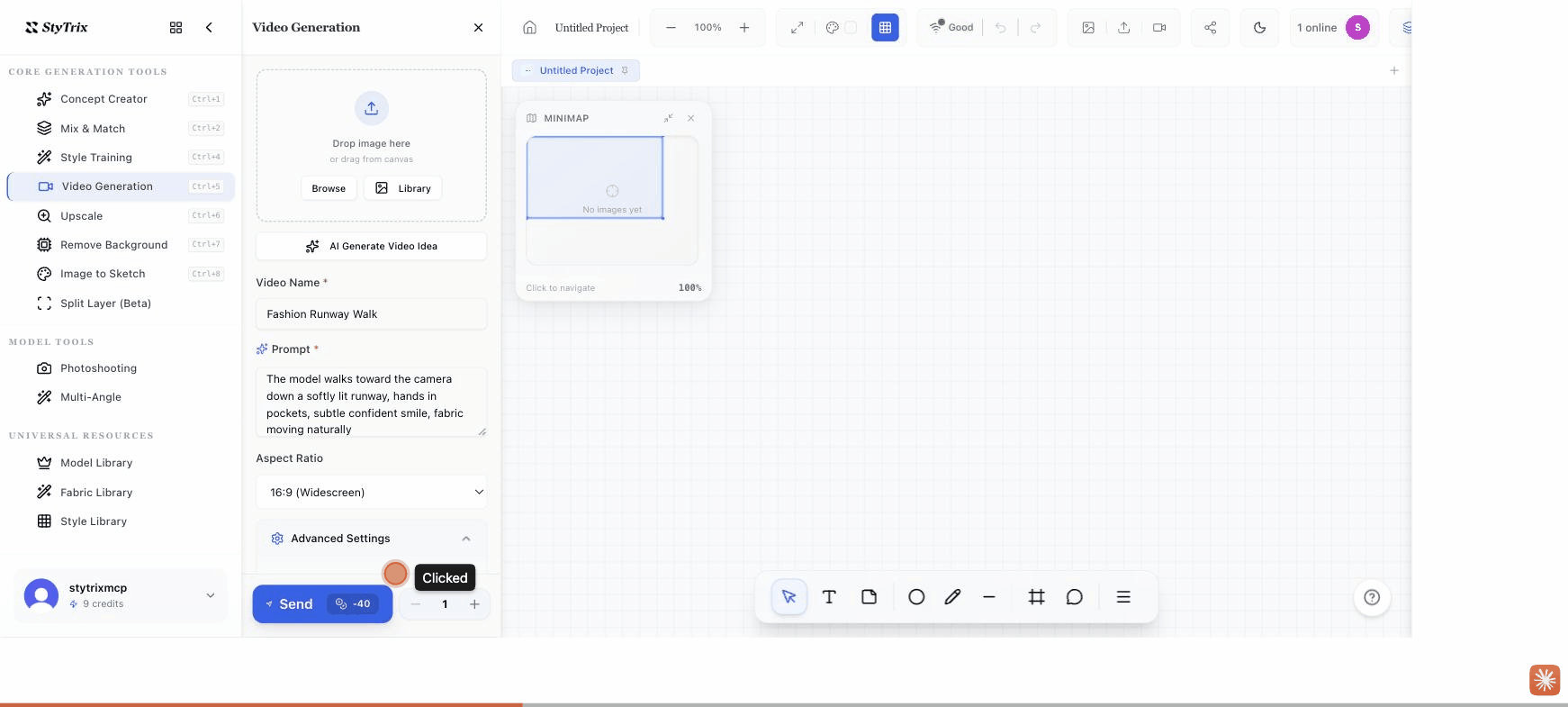 Video Generation panel with a video name, motion prompt, and 16:9 aspect ratio on the StyTrix canvas