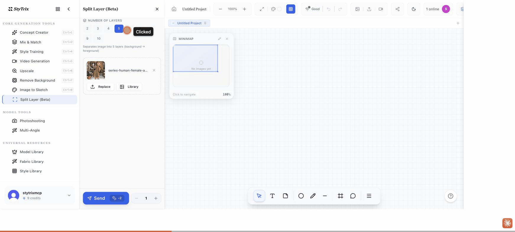 Split Layer panel with a layer-count selector and an input image on the StyTrix canvas